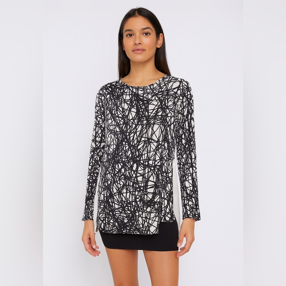 Sportmax White Black Abstract Print Silk Top L